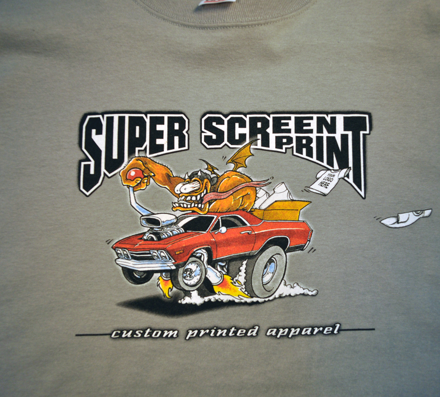 Super Screen Print branded logo shirt with Rat Fink hot rod character
