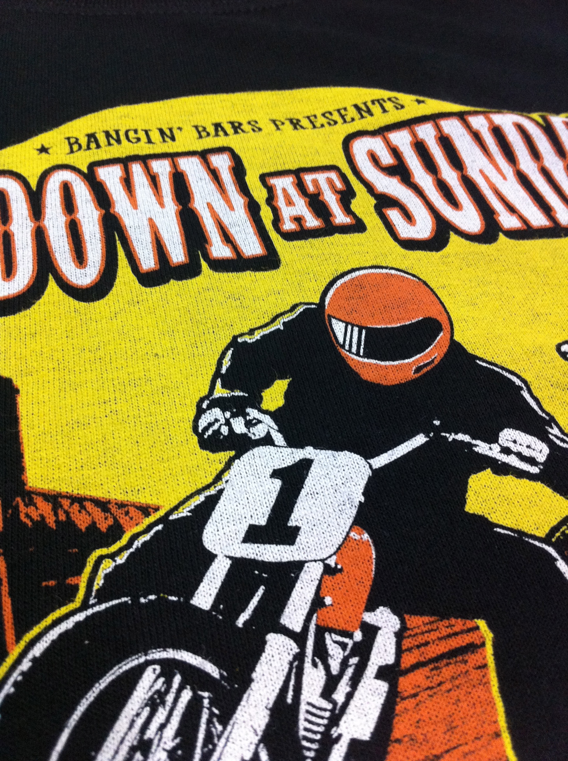 Showdown at Sundown motorcycle racing shirt close-up detail