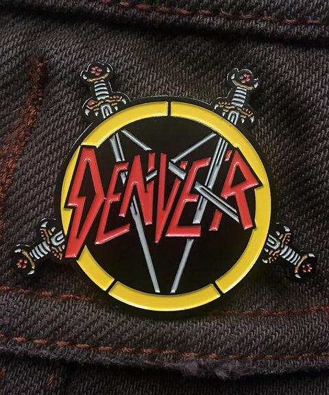 Denver-Slayer enamel pin featuring skull and Denver skyline design